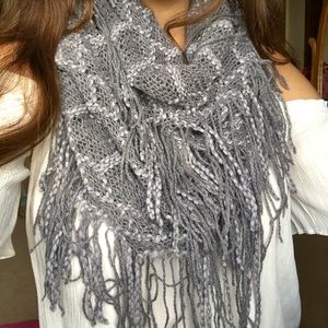 Grey Knit Fringe Infinity Scarf